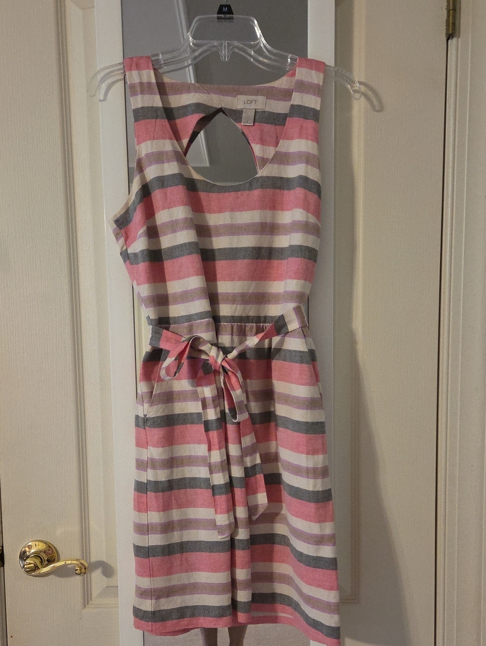 LOFT Pink, Gray & Cream Striped Sleeveless Tie-Waist Midi Dress